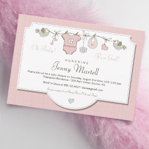 Invitation Corde à linge bébé rose blush Baby Shower