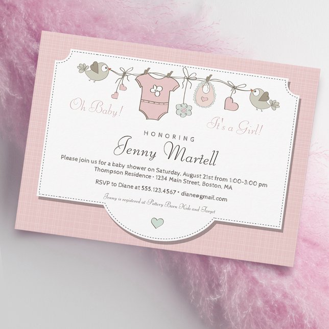 Invitation Corde à linge bébé rose blush | Baby Shower (Créateur téléchargé)
