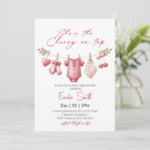 Invitation Corde à linge Cerise sur le dessus Fête prénatale