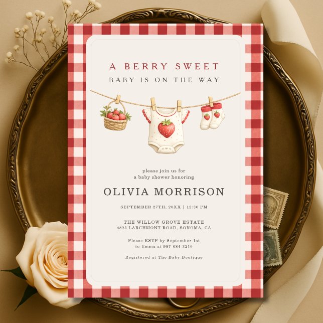 Invitation Corde à linge Fête bébé Strawberry Berry Sucrée (Créateur téléchargé)