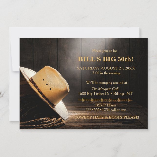 Invitation Corde de Chapeau de Cowboy Rustique Masculin Bois  (Devant)