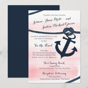 Invitation Corde et Mariage d'Ancres Nautical Pink et Navy