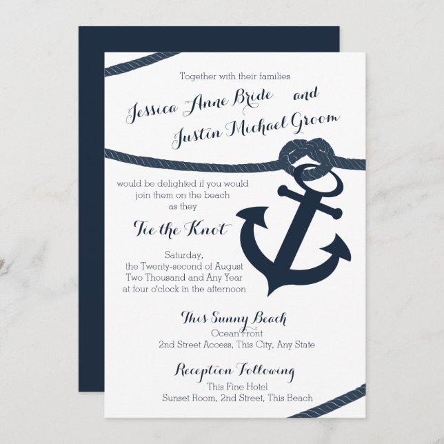 Invitation Corde nautique et Ancre Dark Navy Mariage (Devant / Derrière)