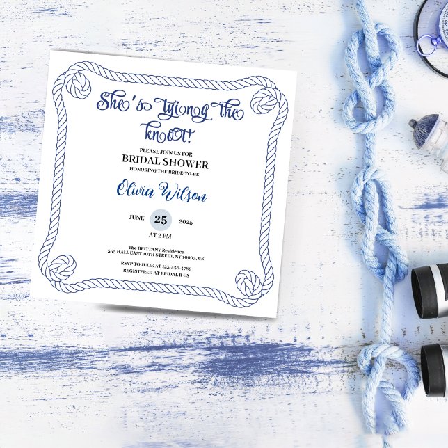 Invitation Corde Naútque Elle Noue le Nœud  Réception de Mari (nautical bridal shower invitations anchor summer beach rope ocean wedding beach theme simple minimal)
