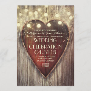 Invitation cordon de coeur sculpté lumières mariage en bois