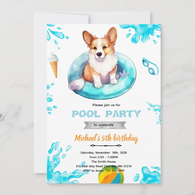 Invitation Corgi pool party Invite (Devant)