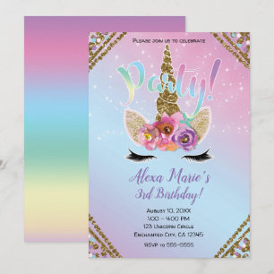 Invitation Corne de Licorne Florale Arc-en-Ciel Anniversaire