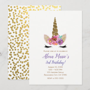 Invitation Corne de Licorne Florale Confettis Dorés Fête d'An