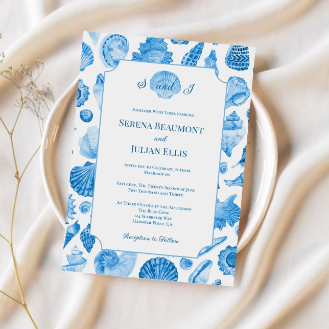 Invitation Cornflower Blue Coastal Seashell Wedding (Cornflower Blue Coastal Seashell Wedding Invitation)