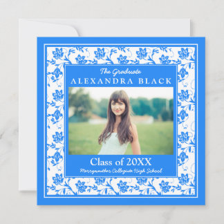 Invitation Cornflower Blue Damask Floral Photo Graduation