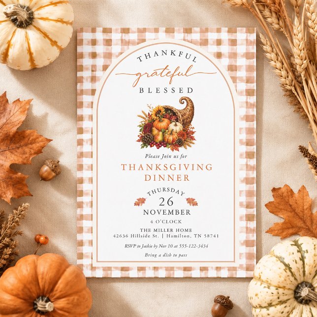 Invitation Cornucopia de Gingham à l'aquarelle d'automne pour (Autumn Watercolor Cornucopia Gingham Thanksgiving Invitation)