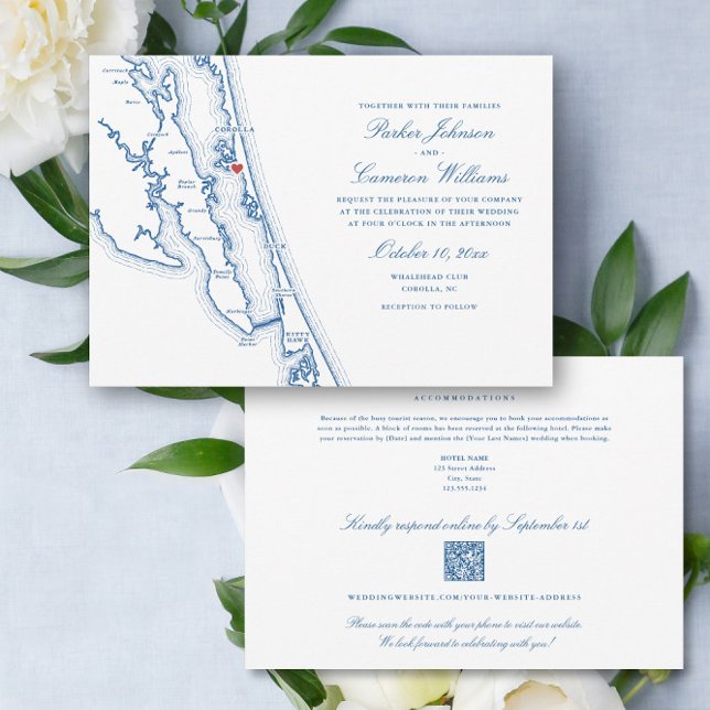 Invitation Corolla NC all-in-one QR code RSVP Blue Wedding (Corolla NC Map all in one QR code RSVP wedding invitation in elegant navy blue by Coastal Map Design)