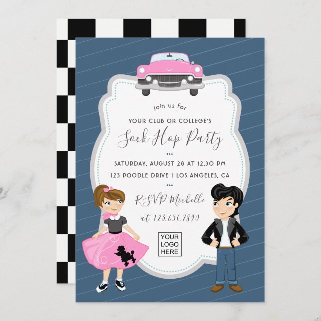 Invitation Corporate/Club/College/School Sock Hop Retro Party (Devant / Derrière)