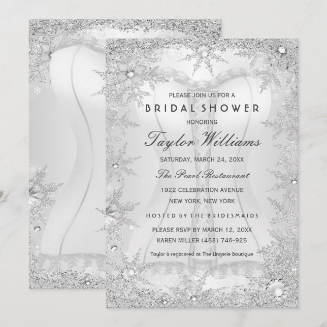 Invitation Corset de Mariage Flocon de Neige Bijou Argenté (Devant / Derrière)