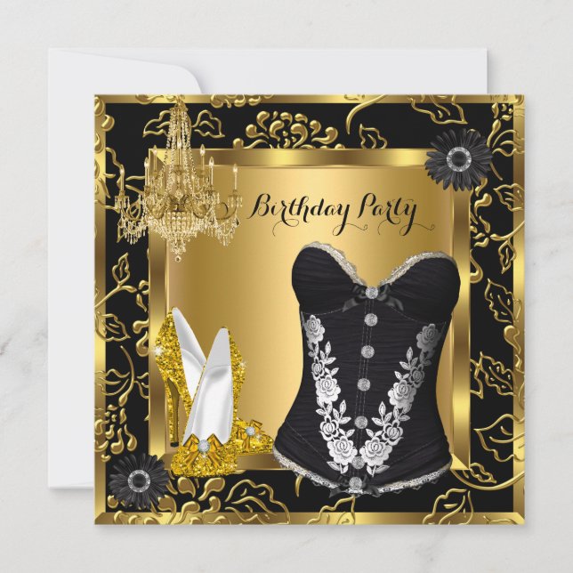 Invitation Corset en dentelle lustre à talons hauts noir or (Devant)