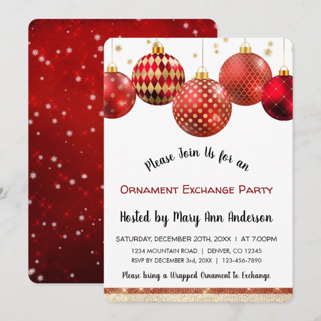 Invitation Corte Red & Gold Sparkle Ornament Exchange Party (Devant / Derrière)