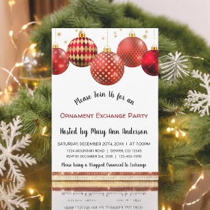 Invitation Corte Red & Gold Sparkle Ornament Exchange Party