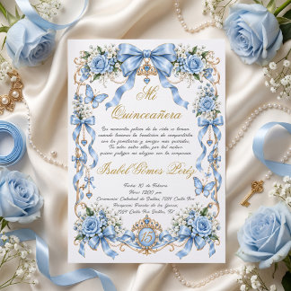 Invitation Cortina bleu et or pour quinceañera, arc espagnol