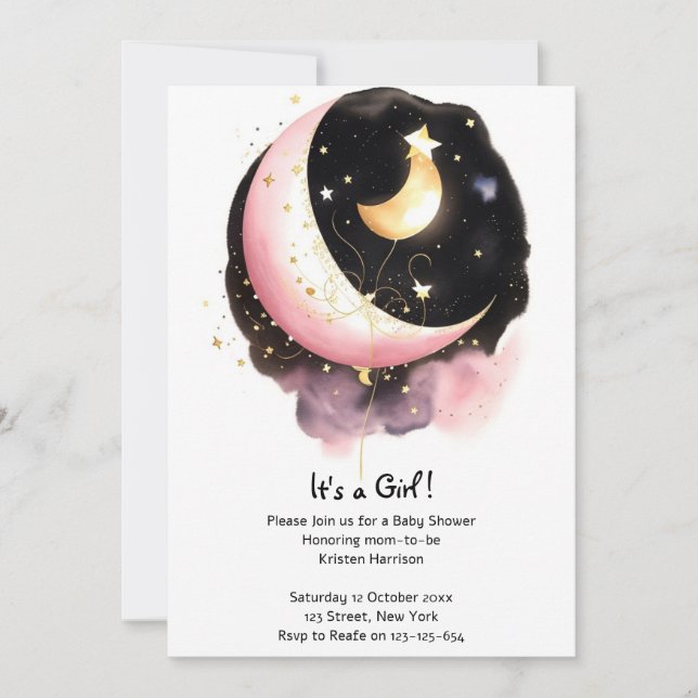 Invitation Cosmic Moon Stars Watercolor Girl Baby shower (Devant)
