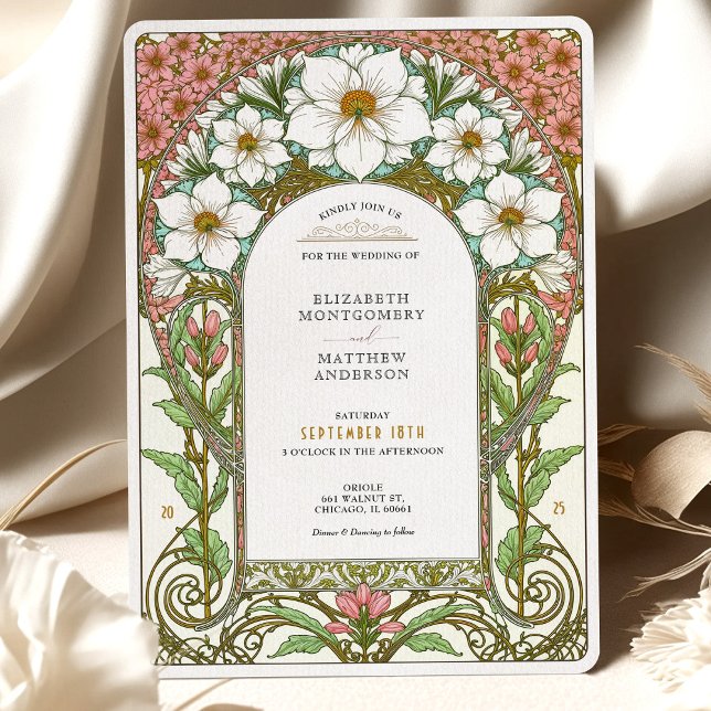 Invitation Cosmos blancs & Fleurs roses Art Nouveau Mariage (Créateur téléchargé)