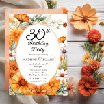 Invitation Cosmos | Marigolds Floral 30th Birthday Party<br><div class="desc">Elegant cosmos and marigolds floral design "30th Birthday Party" design featuring a floral frame of marigolds and cosmos flowers in apricot,  terracotta and burnt orange on a white background center panel.  Back design features a multi-layered coordinating colors watercolor background</div>