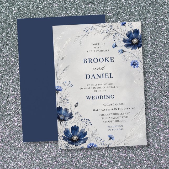Invitation Cosmos Navy Fleur Sauvage Mariage Argenté (Créateur téléchargé)