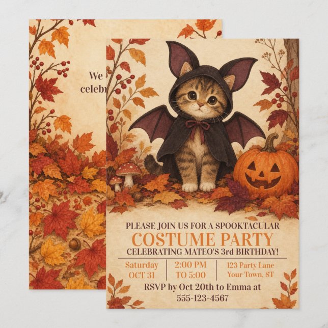 Invitation Costume de Chauve-Souris pour Chatons Halloween Fê (Devant / Derrière)