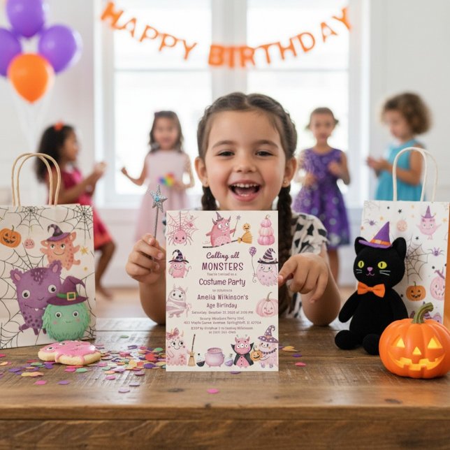 Invitation Costume de fête d'anniversaire de monstre rose cap (Créateur téléchargé)