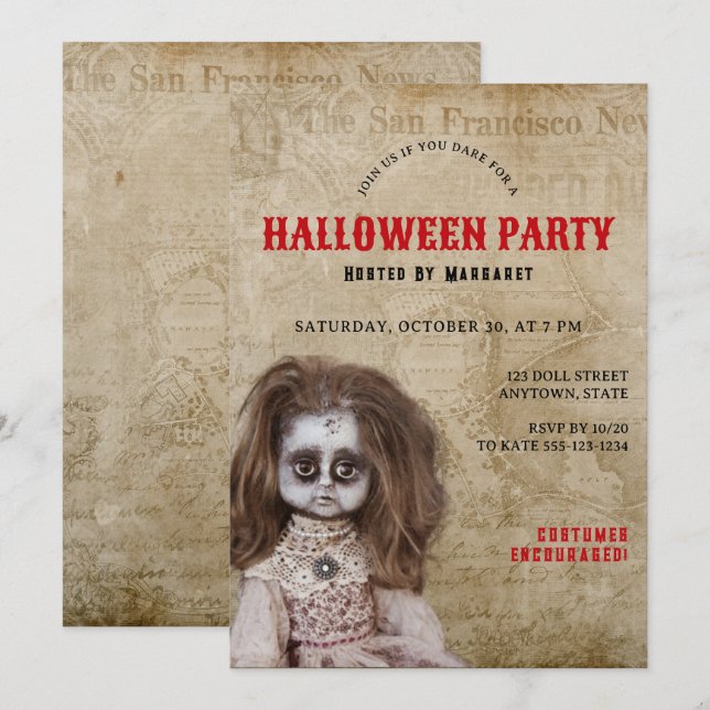 Invitation Costume de fête d'Halloween de poupée effrayante v (Devant / Derrière)