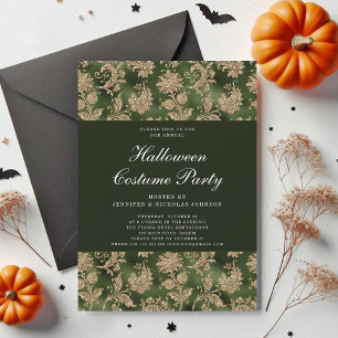 Invitation Costume de Halloween en damas vert gothique élégan