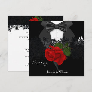Invitation Costume de mariage noir et blanc Smoking Rose Roug