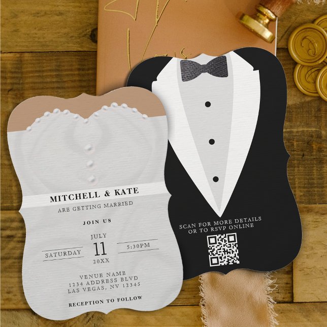 Invitation Costume de robe mariage et Bowtie QR Code (Créateur téléchargé)