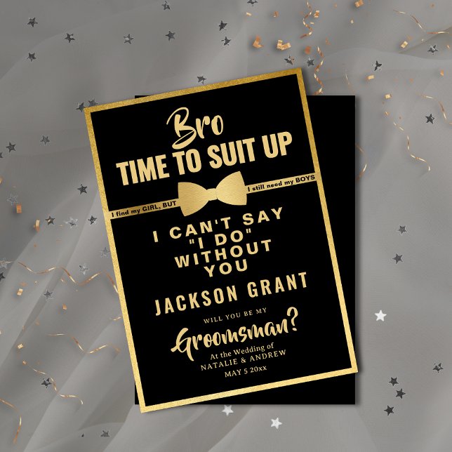 Invitation Costume de smoking noir et or moderne pour garçon  (Modern Black & Gold Tuxedo Suit Up Groomsman Invitation)