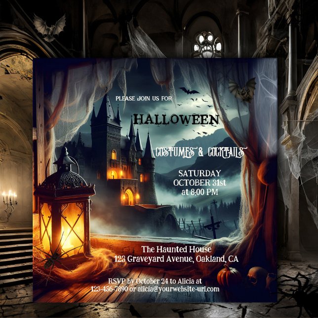 Invitation Costume d'Halloween adulte Château Cocktail Party (Adult Halloween costume and cocktail invitation featuring a night scene with lantern and dark castle)