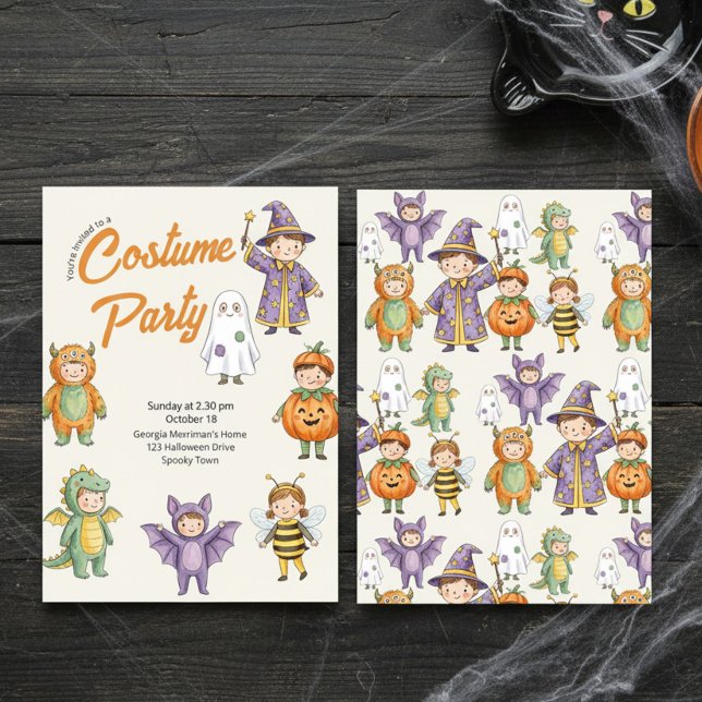 Invitation Costume d'Halloween pour enfants à l'aquarelle, fê (Kids halloween costume party invitation by Darling & May - available printed or digital download)