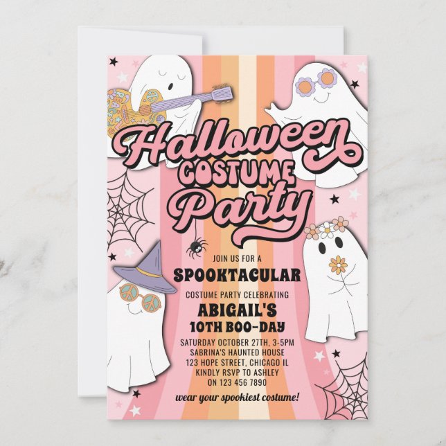 Invitation Costume d'Halloween rose super Fille Anniversaire (Devant)