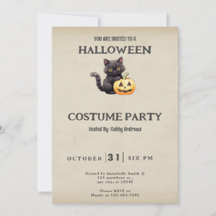 Invitation Costume d'Halloween Vintage Chat Noir Citrouille