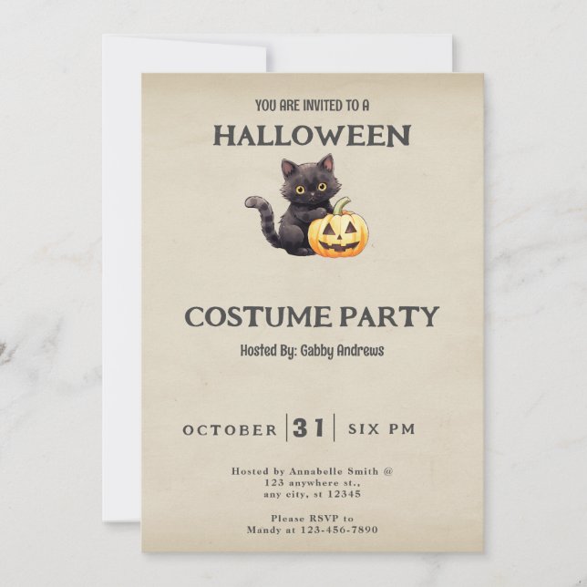 Invitation Costume d'Halloween Vintage Chat Noir Citrouille (Devant)