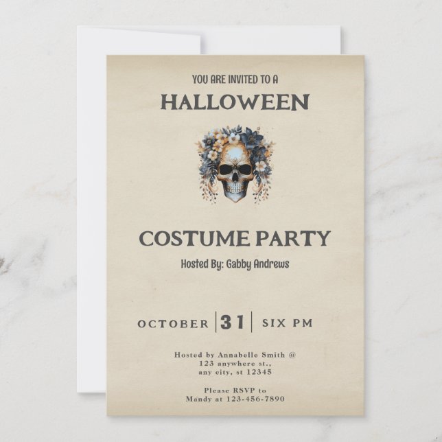Invitation Costume d'Halloween vintage crâne et fleurs (Devant)