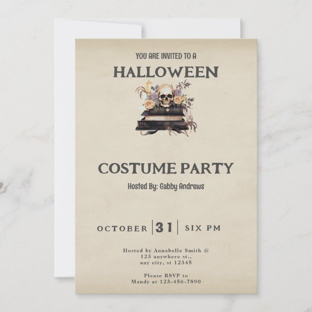 Invitation Costume d'Halloween vintage Crâne et Roses (Devant)