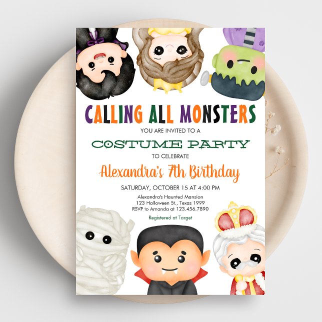 Invitation Costume effrayant pour un anniversaire Halloween (Calling All Monsters Costume Halloween Birthday Party Invitation)