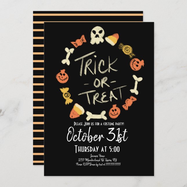 Invitation Costume Halloween Candy Chalk Style Anniversaire I (Devant / Derrière)