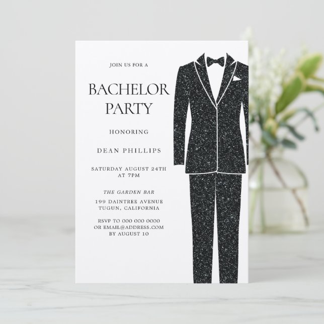Invitation Costume noir & cravate Champagne Pailleté Enterrem (Debout devant)