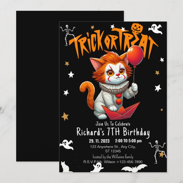 Invitation Costume ou traitement Halloween Chat Anniversaire (Devant / Derrière)