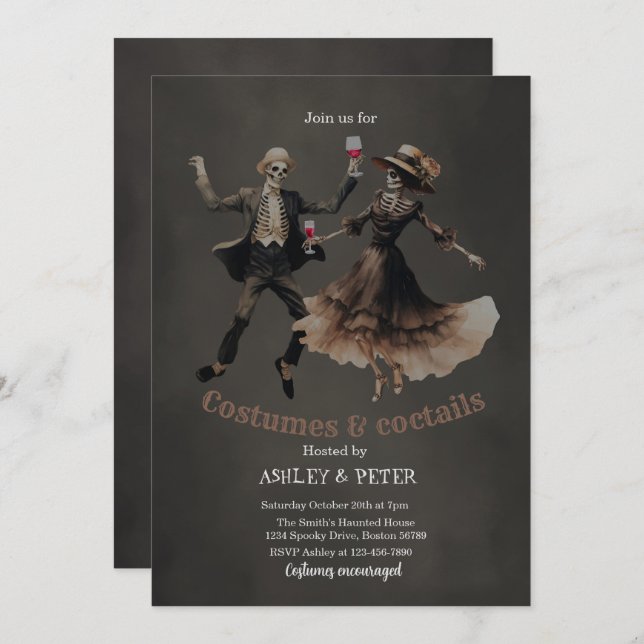 Invitation Costumes & Cocktails Vintage Squelette Halloween (Devant / Derrière)