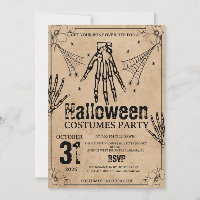 Invitation Costumes de fête d'Halloween avec main de squelett (Devant)