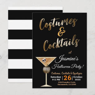Invitation Costumes Dorés & Cocktails Boisson Crâne Halloween