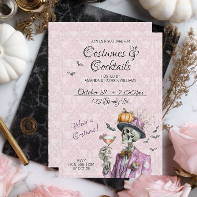 Invitation Costumes Élégants Cocktails Halloween pour Adultes (Elegant Costumes and Cocktails Halloween Party Invite)