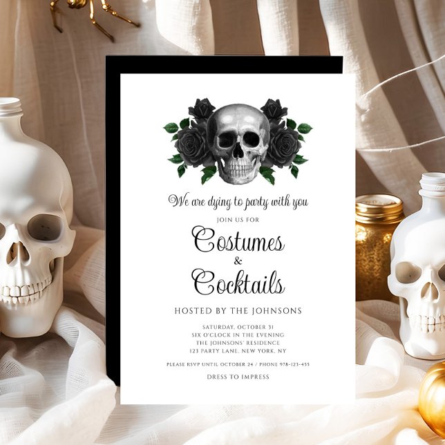 Invitation Costumes et cocktails Gothiques Floraux Halloween (Gothic Floral Skull Costumes & Cocktail Halloween Invitation)