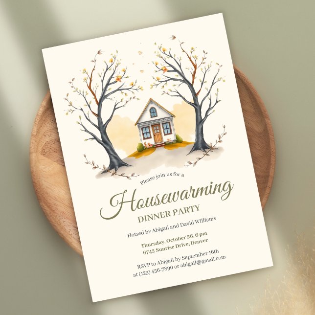 Invitation Cosy Cottage Ménage Dîner Fête (Cozy Housewarming Dinner Party Invitation – Autumn Cottage Theme Invitation)